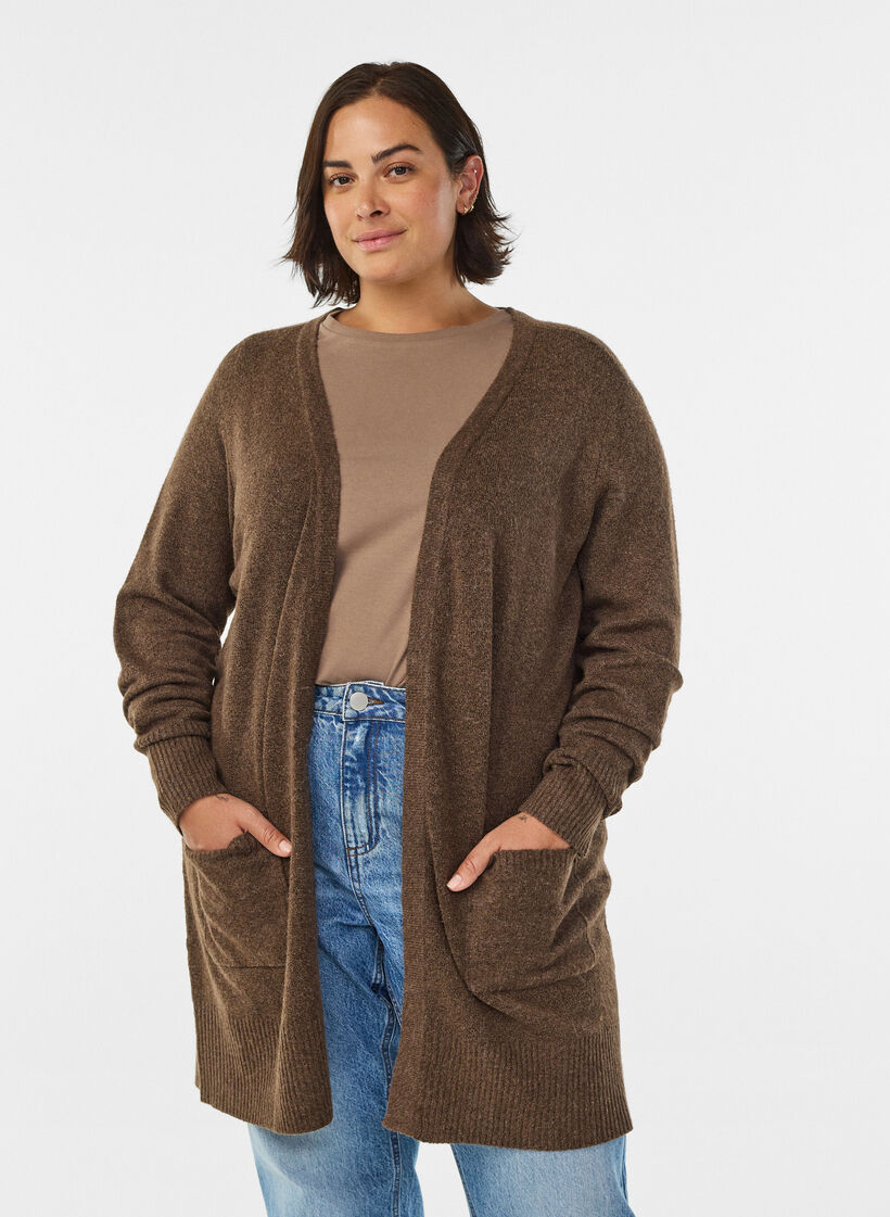 Ribbestrikket cardigan med lommer, Brun, Model image number 0
