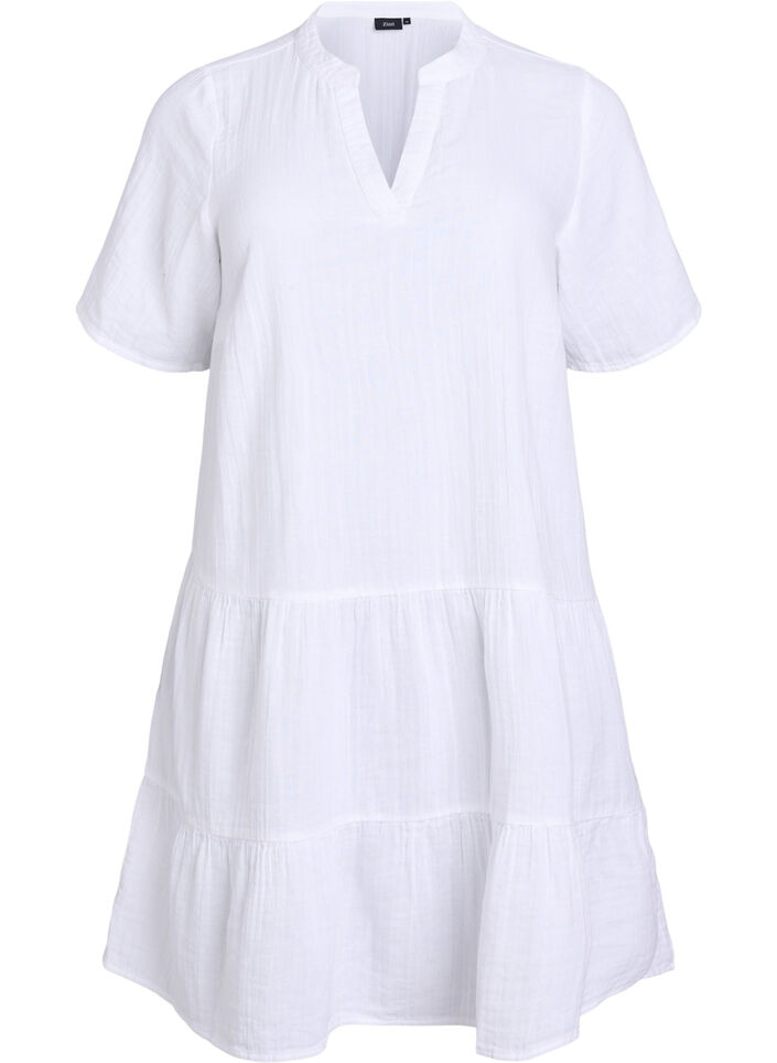 Kort A-linjekjole i bomullsmuslin, Hvit, Packshot image number 0