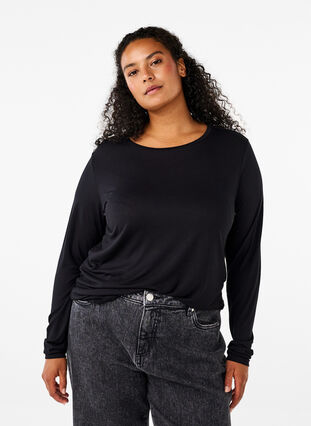 Zizzi Langermet bluse i ull og viskose, Svart, Model image number 0