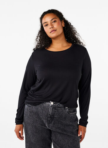 Zizzi Langermet bluse i ull og viskose, Svart, Model image number 0