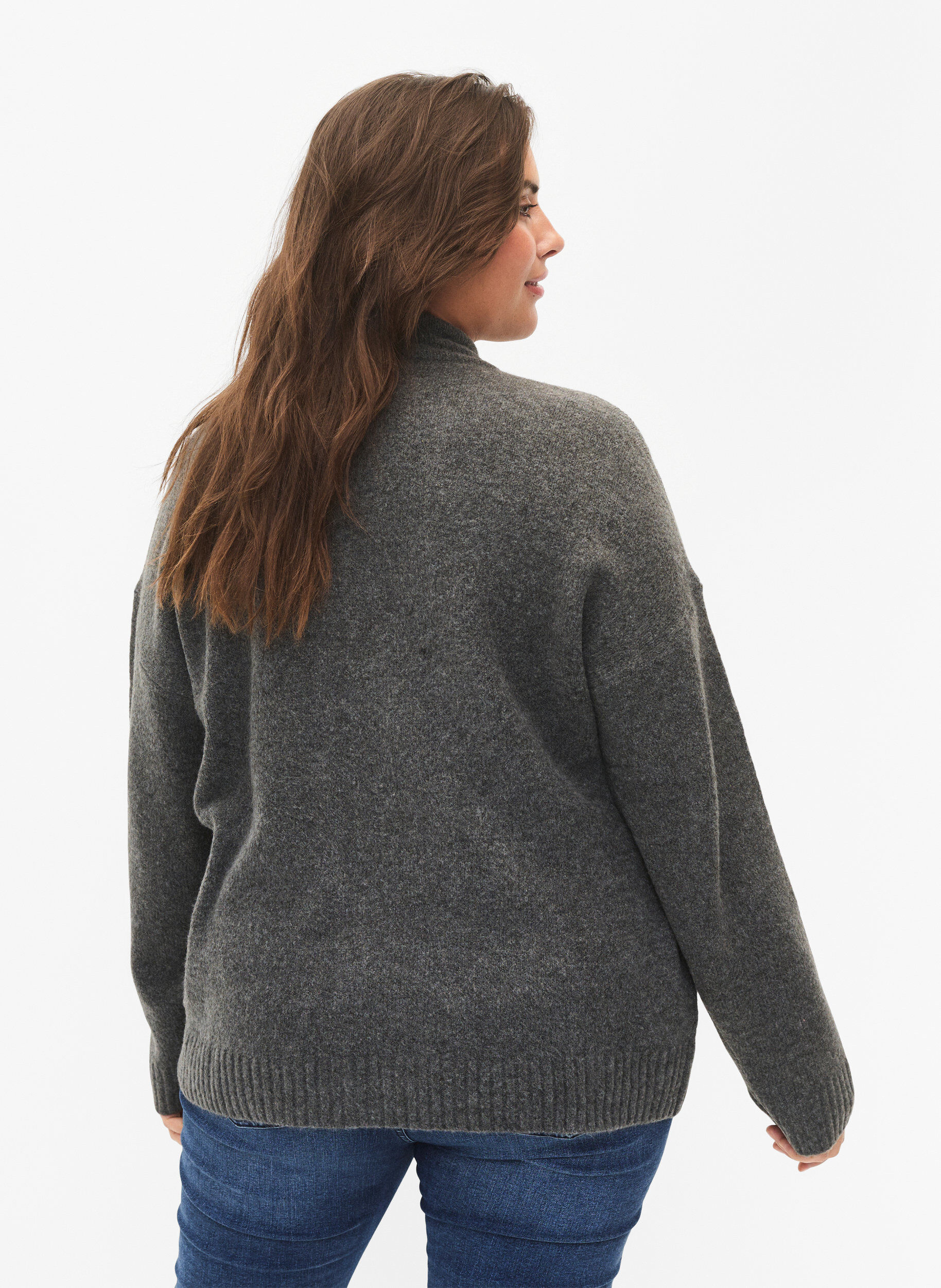 Zizzi Strikket cardigan med glidel&aring;s og lommer, Dark Grey Melange, Model image number 1
