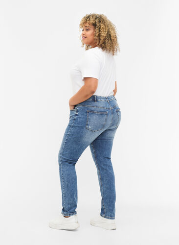 Emily jeans med vanlig midje og ødeleggelser, Blue denim, Model image number 1