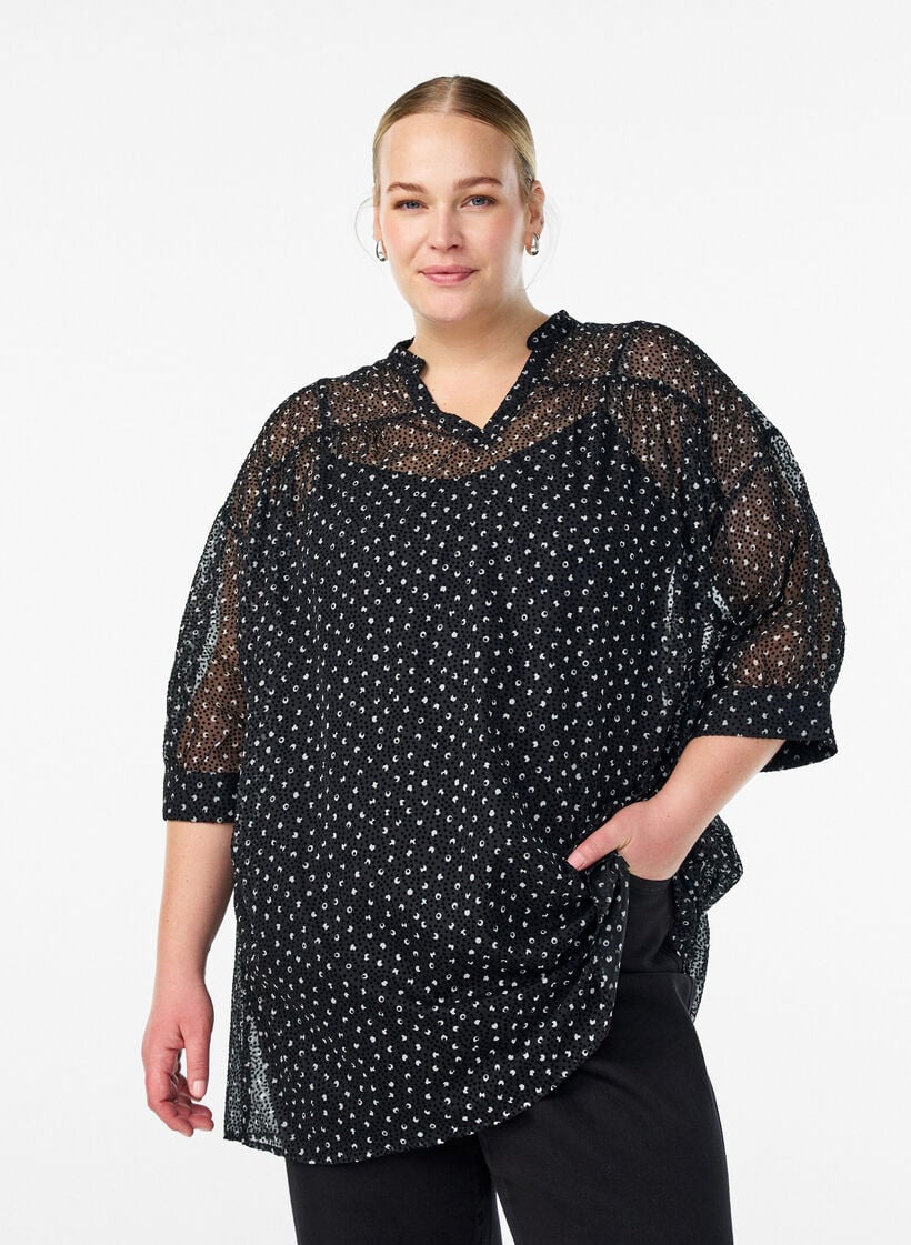 Chiffontunika med fløyelsprikket mønster, Svart, Model image number 0