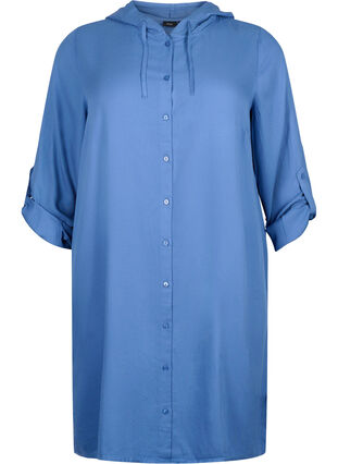 Skjortekjole i viskose med hette og 3/4-ermer, Moonlight Blue, Packshot image number 0