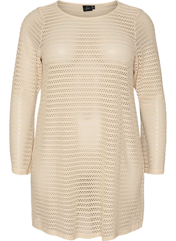 Strandkjole med hullbroderi og lange ermer, Beige, Packshot image number 0