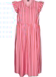 Stripete midiskj&oslash;rt med empire snitt og volanger, Rosa