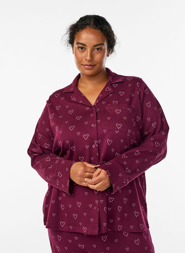Zizzi Bomullspyjamas-skjorte med brystlomme, Mørk Bordeaux, Model image number 0