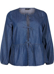 Peplumbluse i denim med snøring, Dark Blue Denim