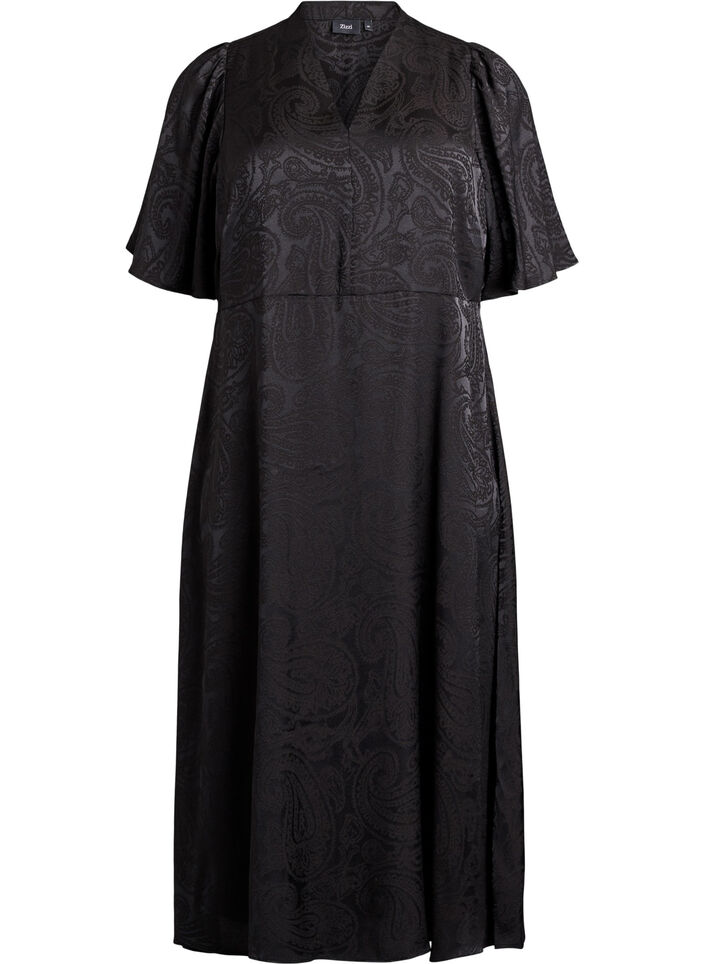 Midiskj&oslash;rt jacquard kjole med paisleym&oslash;nster og flaggermus ermer, Svart, Packshot image number 0