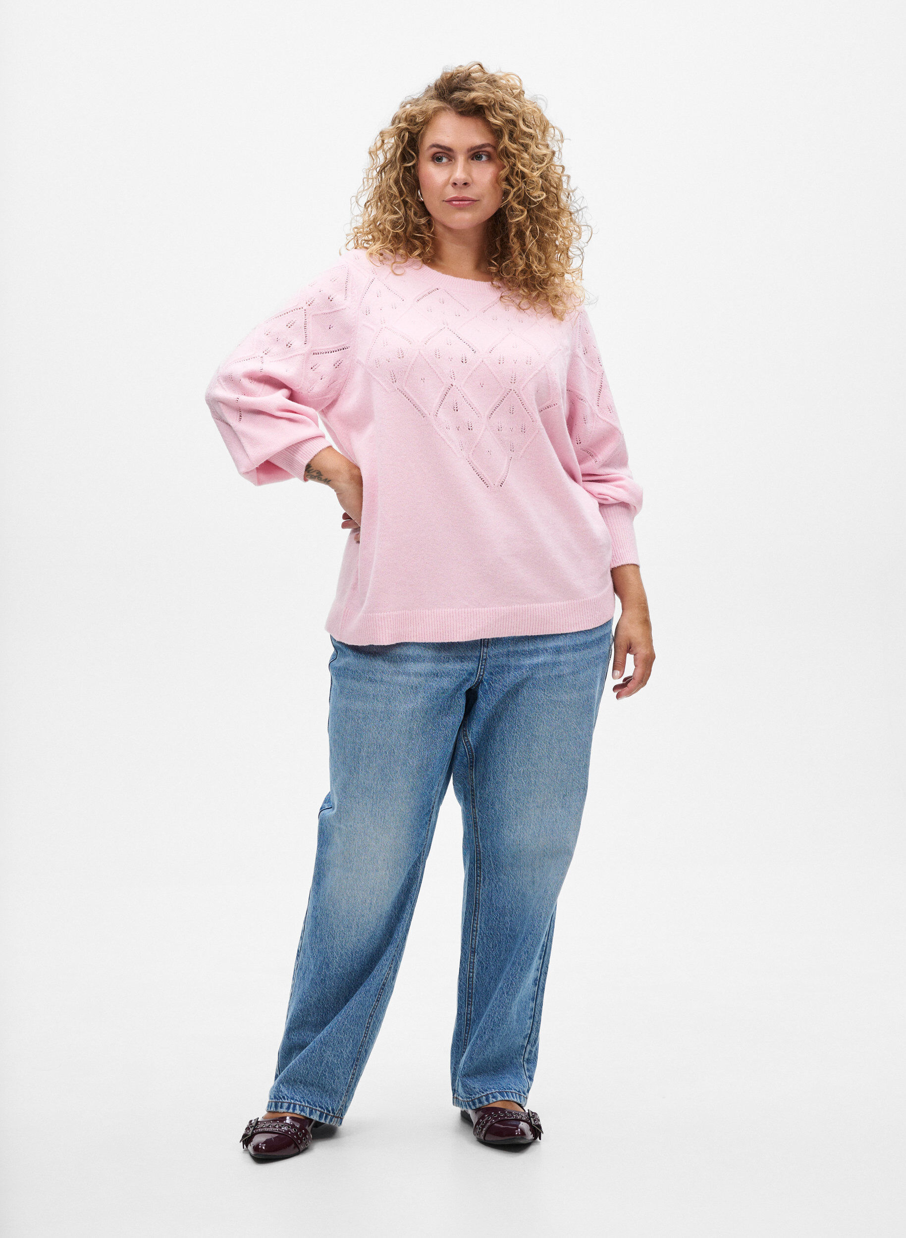 Zizzi Strikket topp med hullm&oslash;nster og ballongermer, Rosa, Model image number 1