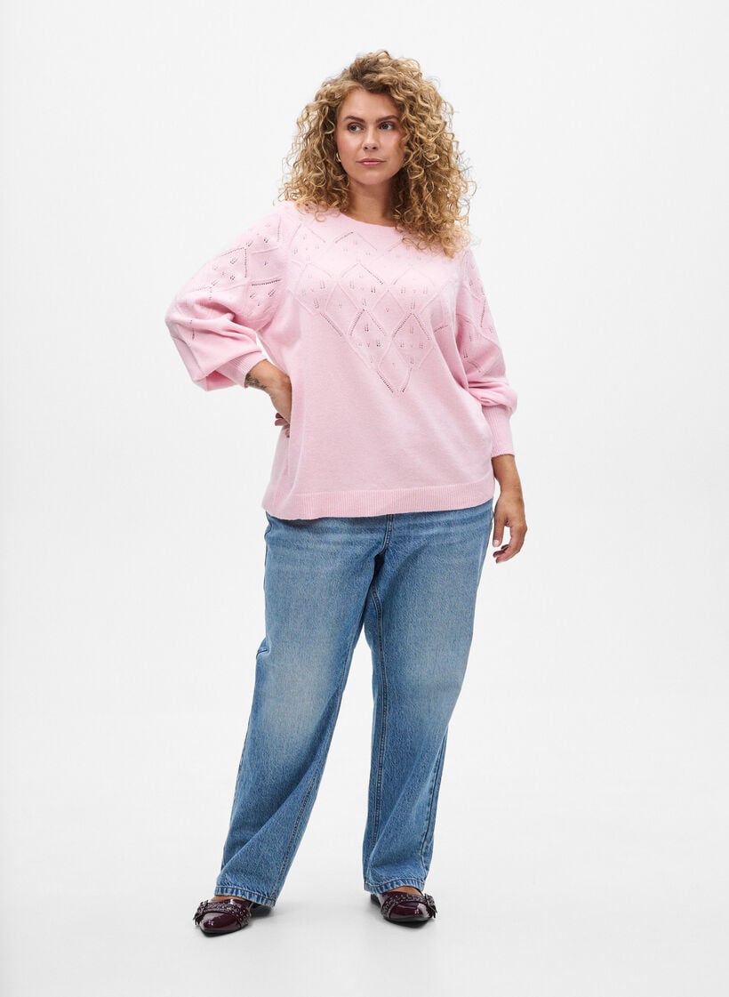 Strikket topp med hullmønster og ballongermer, Rosa, Model image number 1