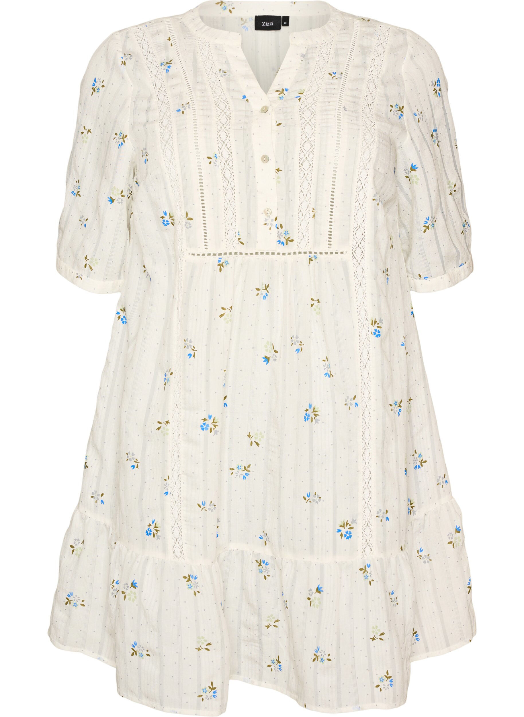 Kort kjole i viskose med blondedetalj og A-formet snitt