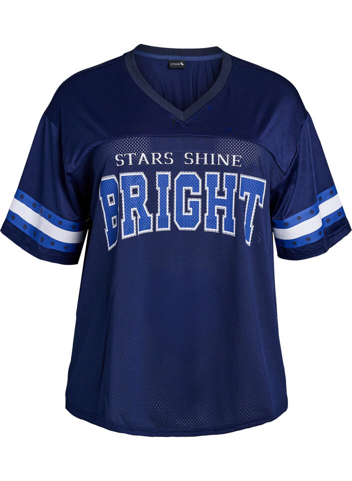 Trenings-t-skjorte med V-hals og trykk foran, Bl&aring;, Packshot image number 0