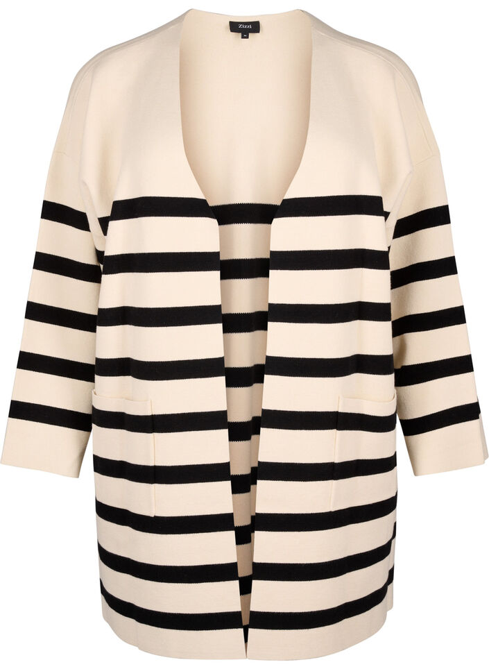 Langstrikket stripet cardigan, Birch w/Black, Packshot image number 0