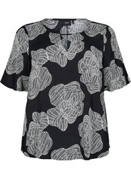 Short sleeve Viscose Bluse med utskrift, Black Big Flower AOP