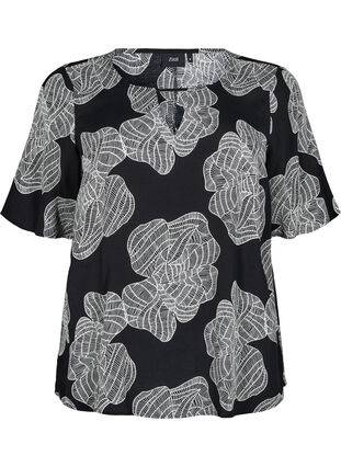 Zizzi Short sleeve Viscose Bluse med utskrift, Svart, Packshot image number 0