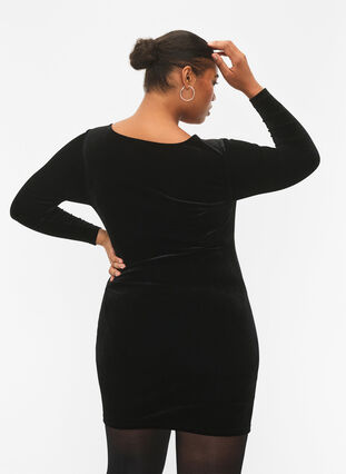Kort kjole i velour med blonder, Black, Model image number 1