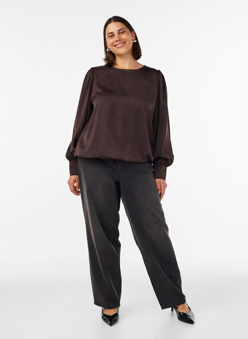 Bluse med satenglook og ballongfasong, Brun, Model image number 1