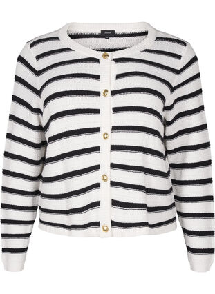 Zizzi Stripet strikket cardigan med gullknapper, Cloud D. w. Black, Packshot image number 0