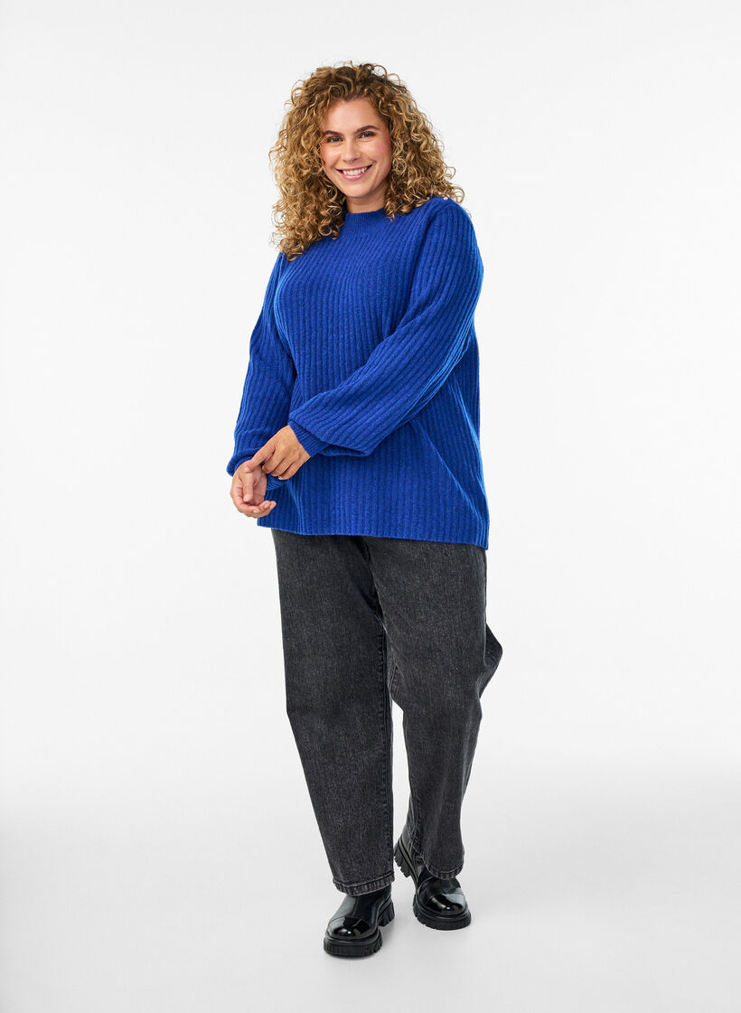 Ribbestrikket genser med puffede ermer og knapper, Bl&aring;, Model image number 1