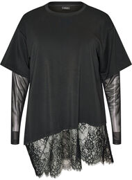 Bluse med mesh-ermer og blondekant, Svart