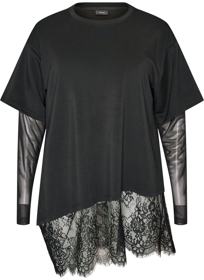 Bluse med mesh-ermer og blondekant, Svart, Packshot image number 0