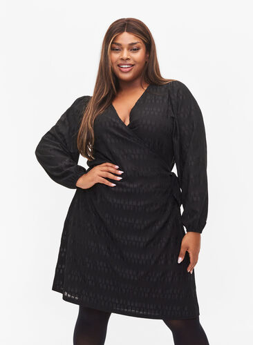 Omslagskjole med lange ermer, Black, Model image number 0