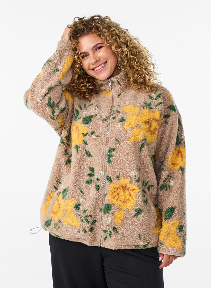 Blomstret fleecejakke med h&oslash;y hals og glidel&aring;s, Beige, Model image number 0