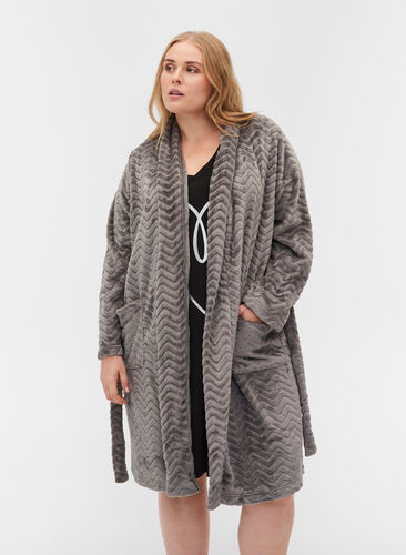 Korte mønstrete morgenkåpe med lommer, Dark Grey, Model image number 0
