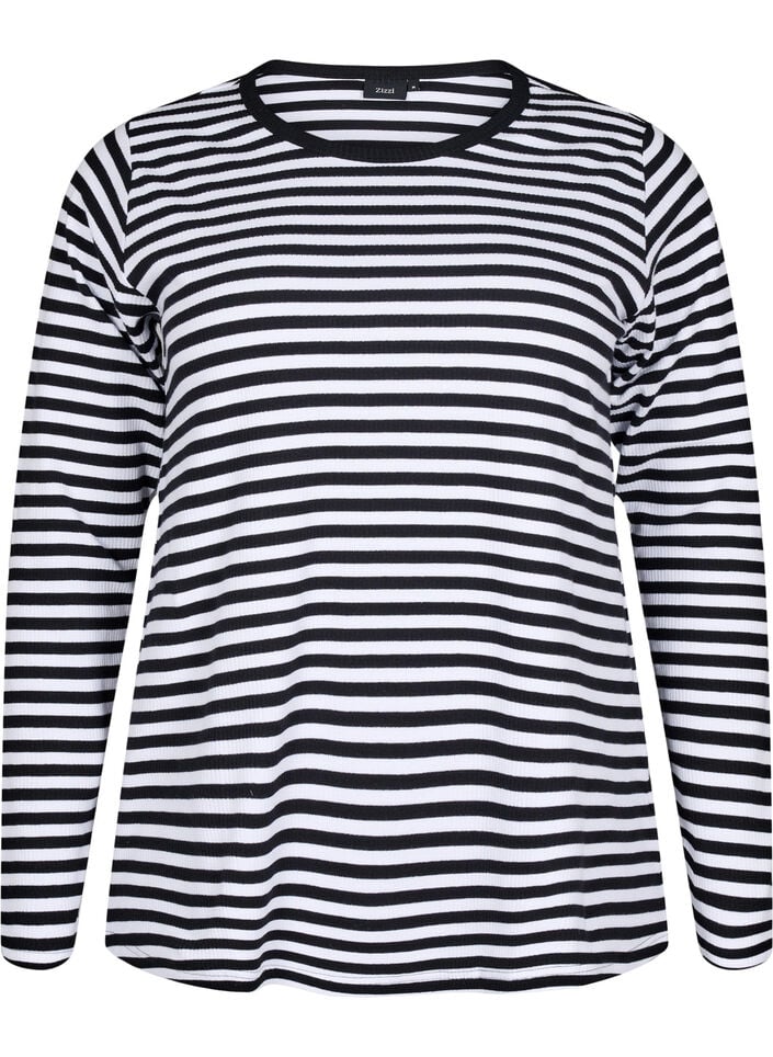 Stripete bluse med lange ermer, Svart, Packshot image number 0