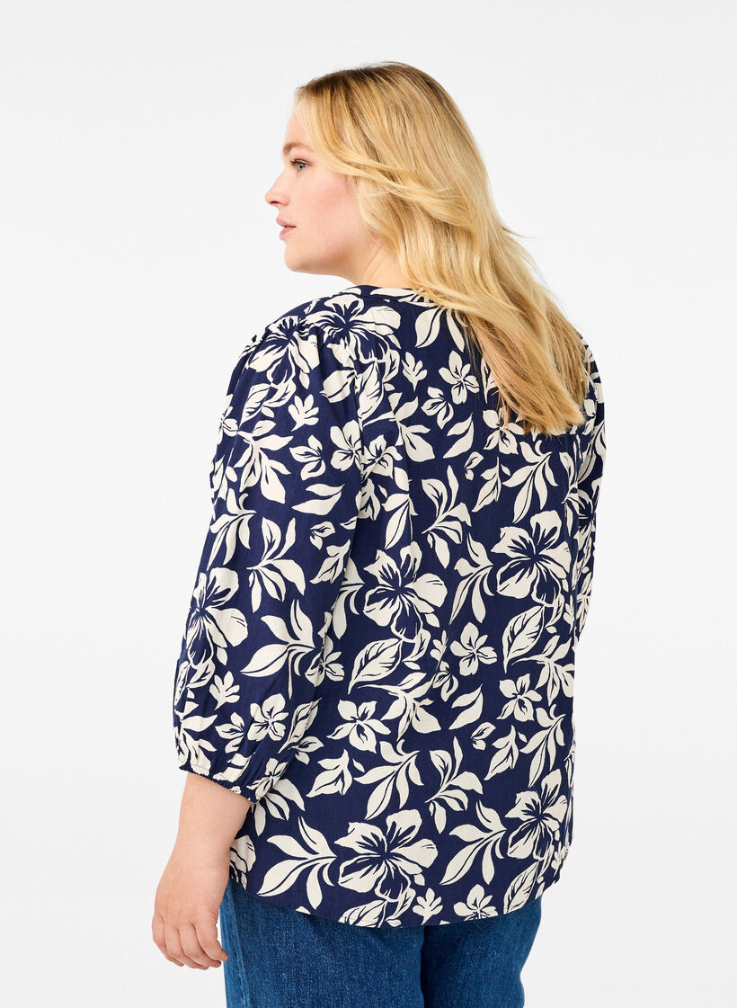 3/4-ermet bomullsbluse med trykk, Naval Academy Flower, Model image number 1