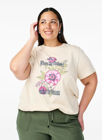 Bomulls T-skjorte med trykk, Beige Bomulls T-skjorte med trykk, Beige, Model