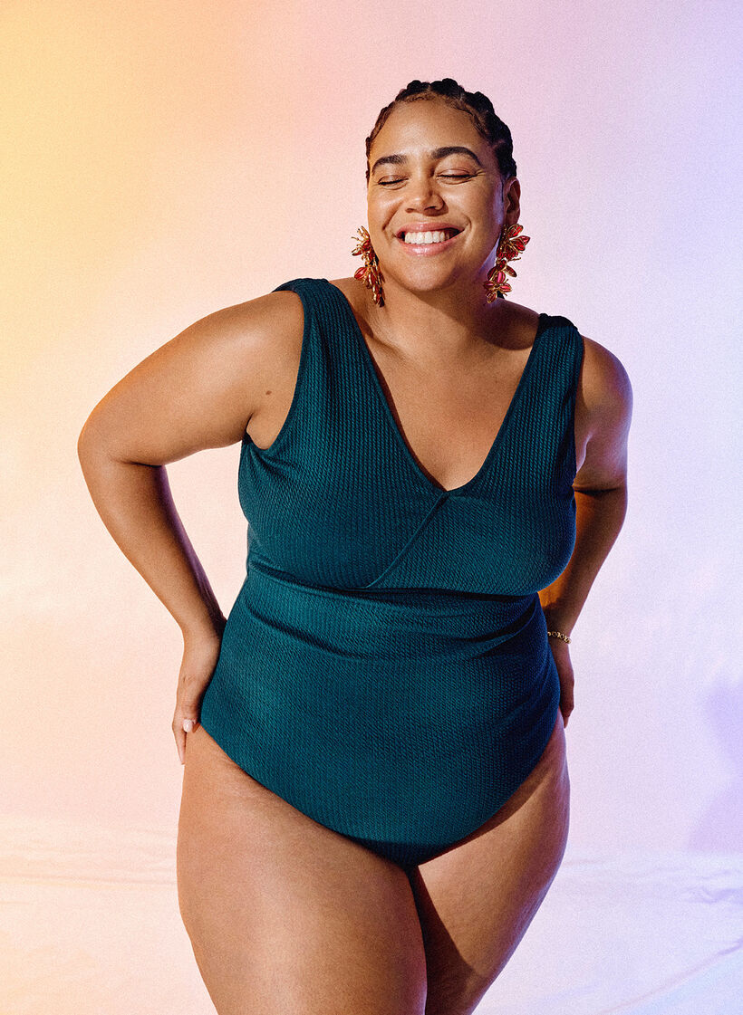 Badedrakt med crepe-struktur og omslagseffekt, Dark Sea, Image image number 1