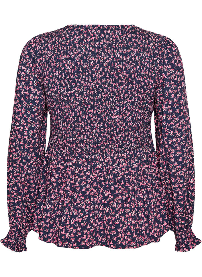 Bluse med smocket topp og blomstertrykk, Bl&aring;, Packshot image number 1