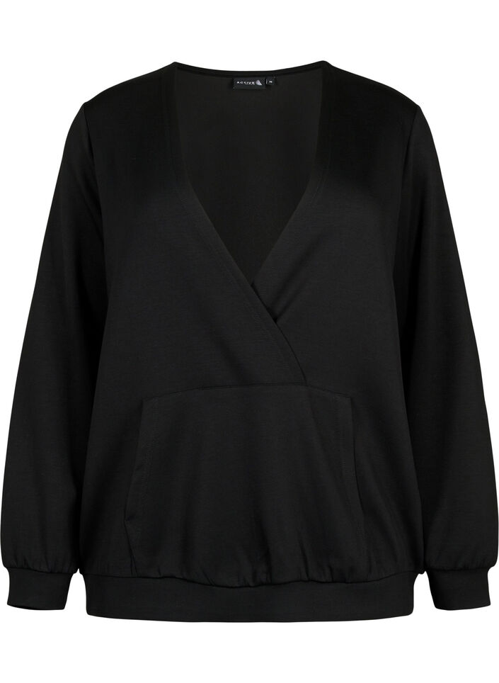 Genser med v-hals og lomme, Black, Packshot image number 0