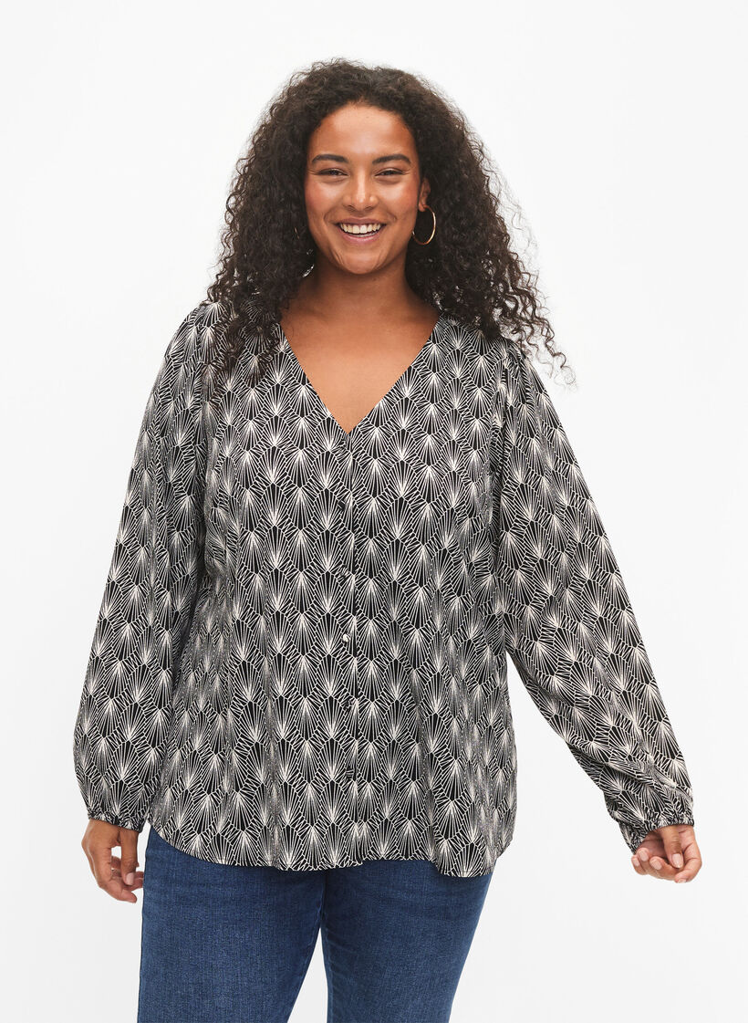 Skjortebluse med v-hals og trykk, Birch Graphic AOP, Model image number 0