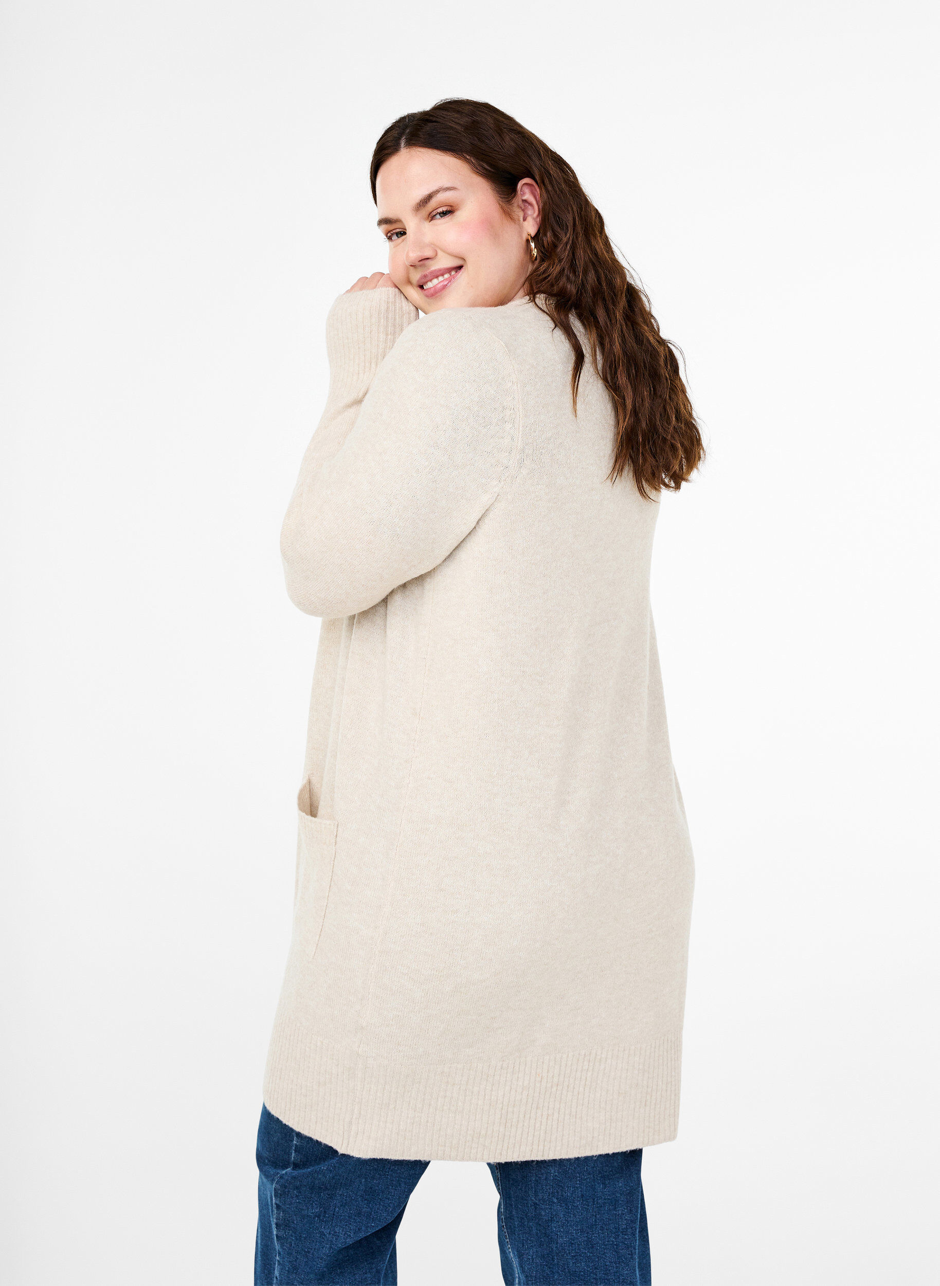 Zizzi Ribbestrikket cardigan med lommer, Beige, Model image number 2