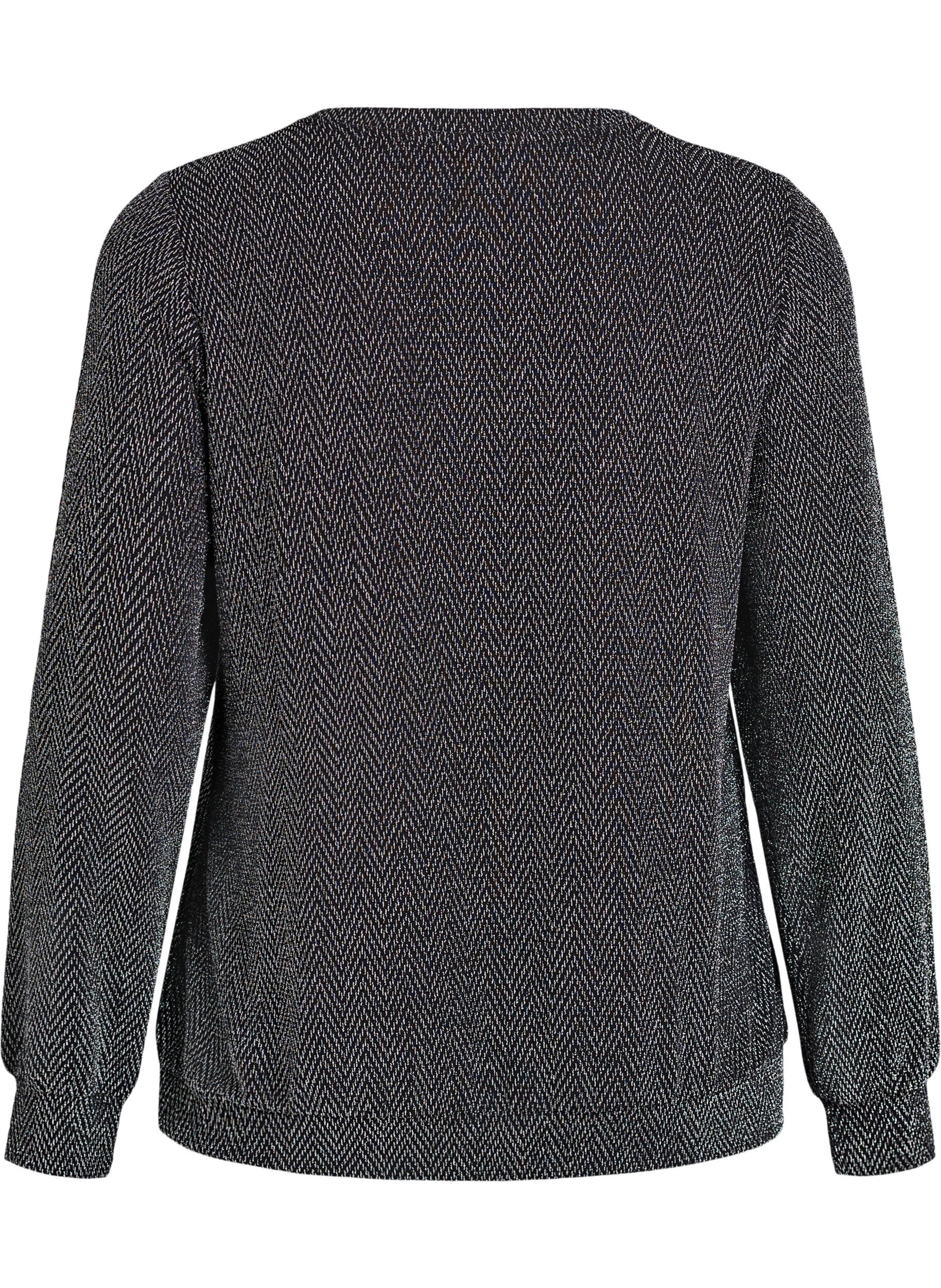 Zizzi Bluse med fiskebensm&oslash;nster og glittertr&aring;d, Svart, Packshot image number 1