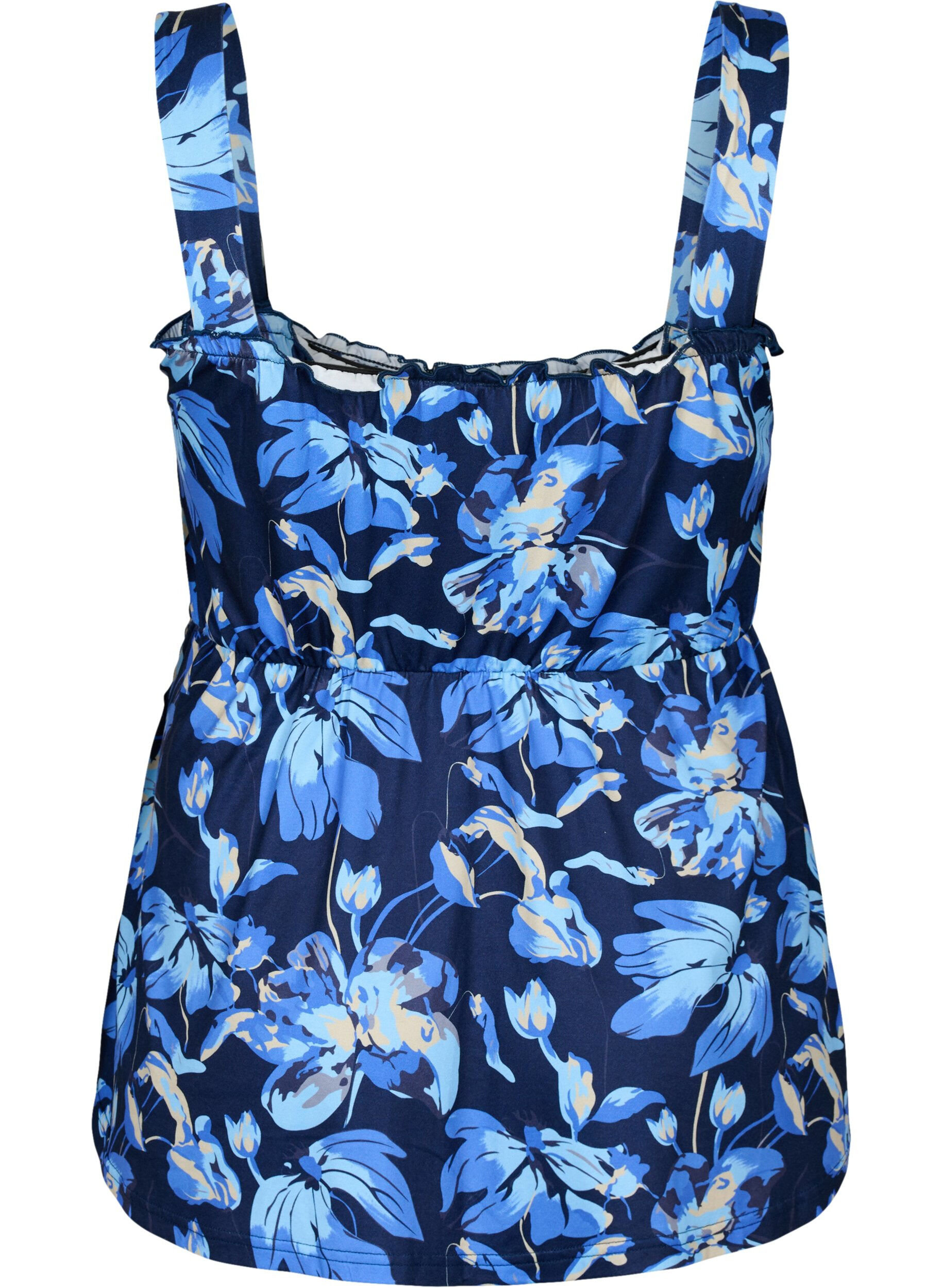 Zizzi Ammevennlig topp med smock, Blue Flower Print, Packshot image number 1