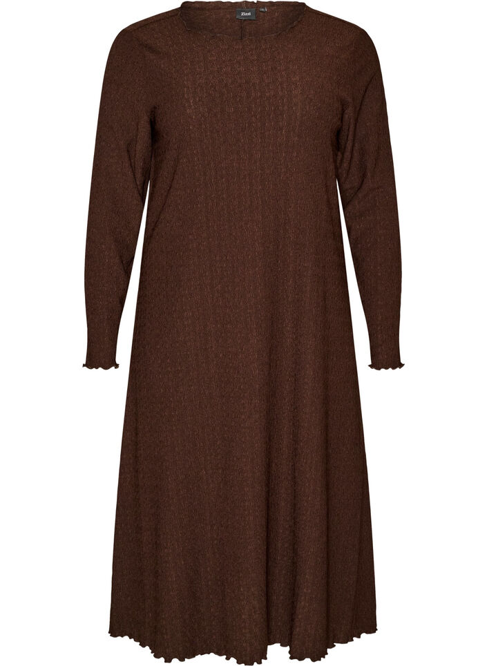 Midikjole med b&oslash;lget tekstur og lange ermer, Brun, Packshot image number 0