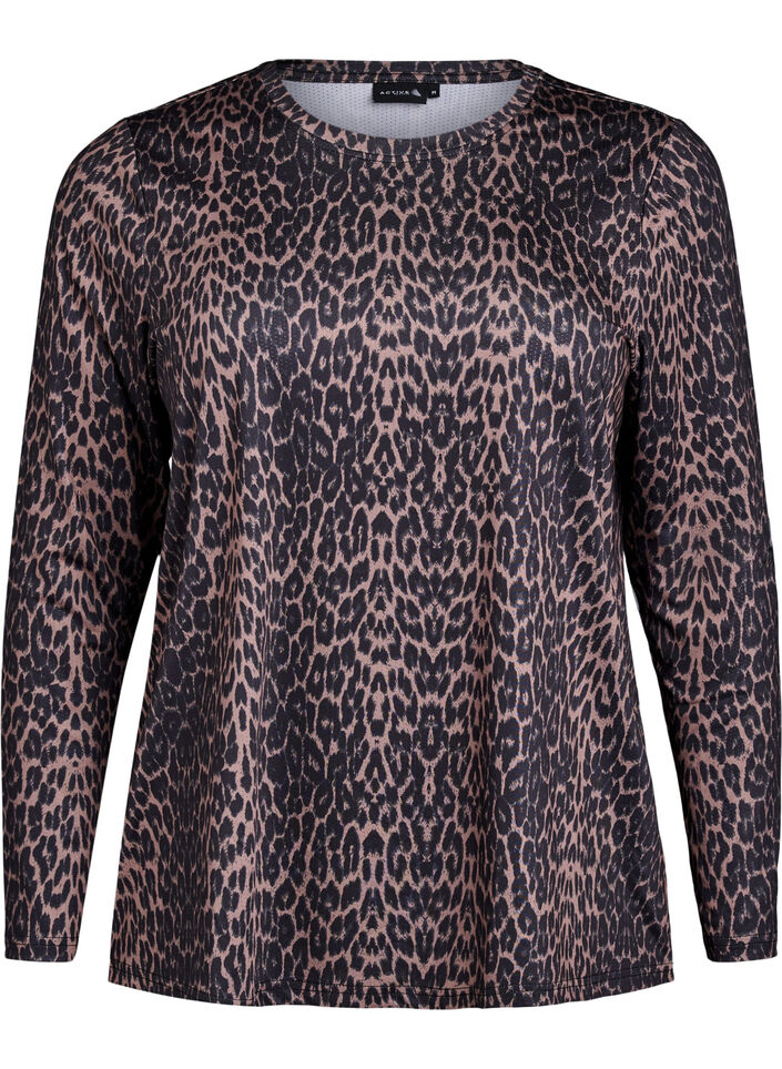 Langermet treningstopp med leopardtrykk, Brun, Packshot image number 0