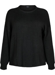 Langermet strikket genser med ull og rund hals, Black Solid