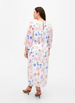 Blomstret plissert kjole med løpesnor, White/Blue Floral, Model image number 1