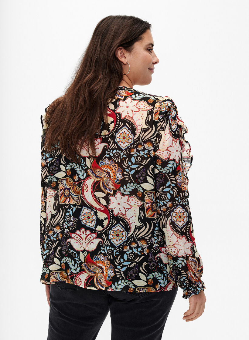Skjortebluse med volanger og paisleym&oslash;nster, Black Paisley, Model image number 1