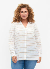 Skjortebluse med knappelukking, White Taupe Stripe, Model
