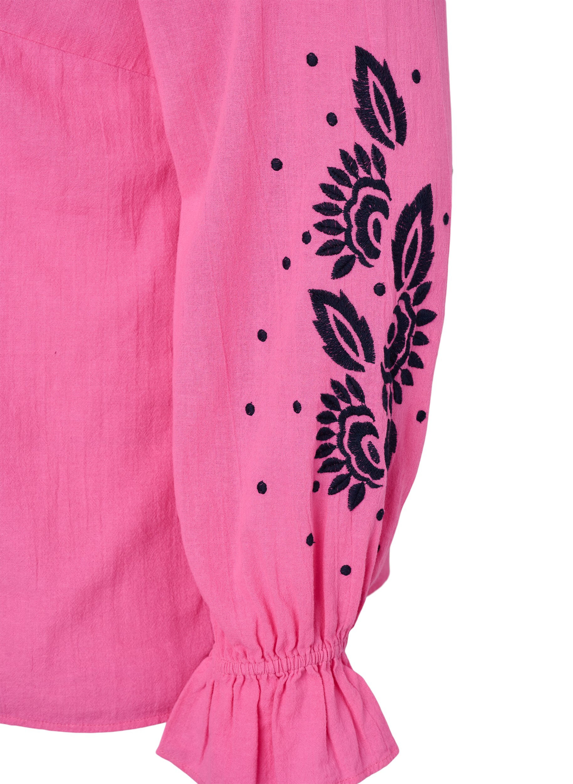 Zizzi Bomullsbluse med broderi og volanger, Rosa, Packshot image number 3