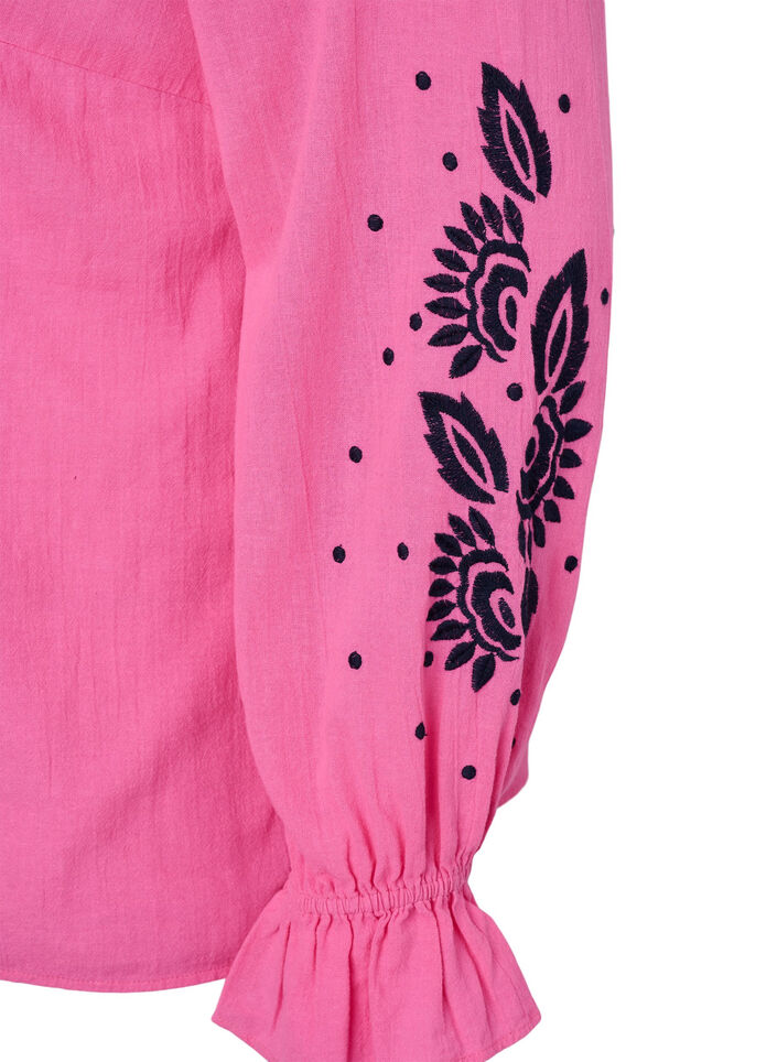Bomullsbluse med broderi og volanger, Rosa, Packshot image number 3