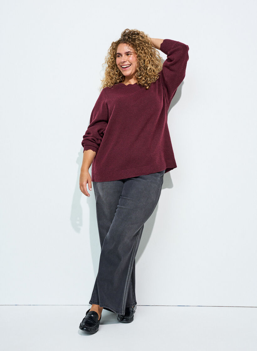 Strikkebluse med b&oslash;lgete kanter, R&oslash;d, Model image number 1