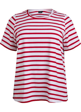 Zizzi T-skjorte i økologisk bomull med striper, Urban Red B.W.Stripe, Packshot image number 0
