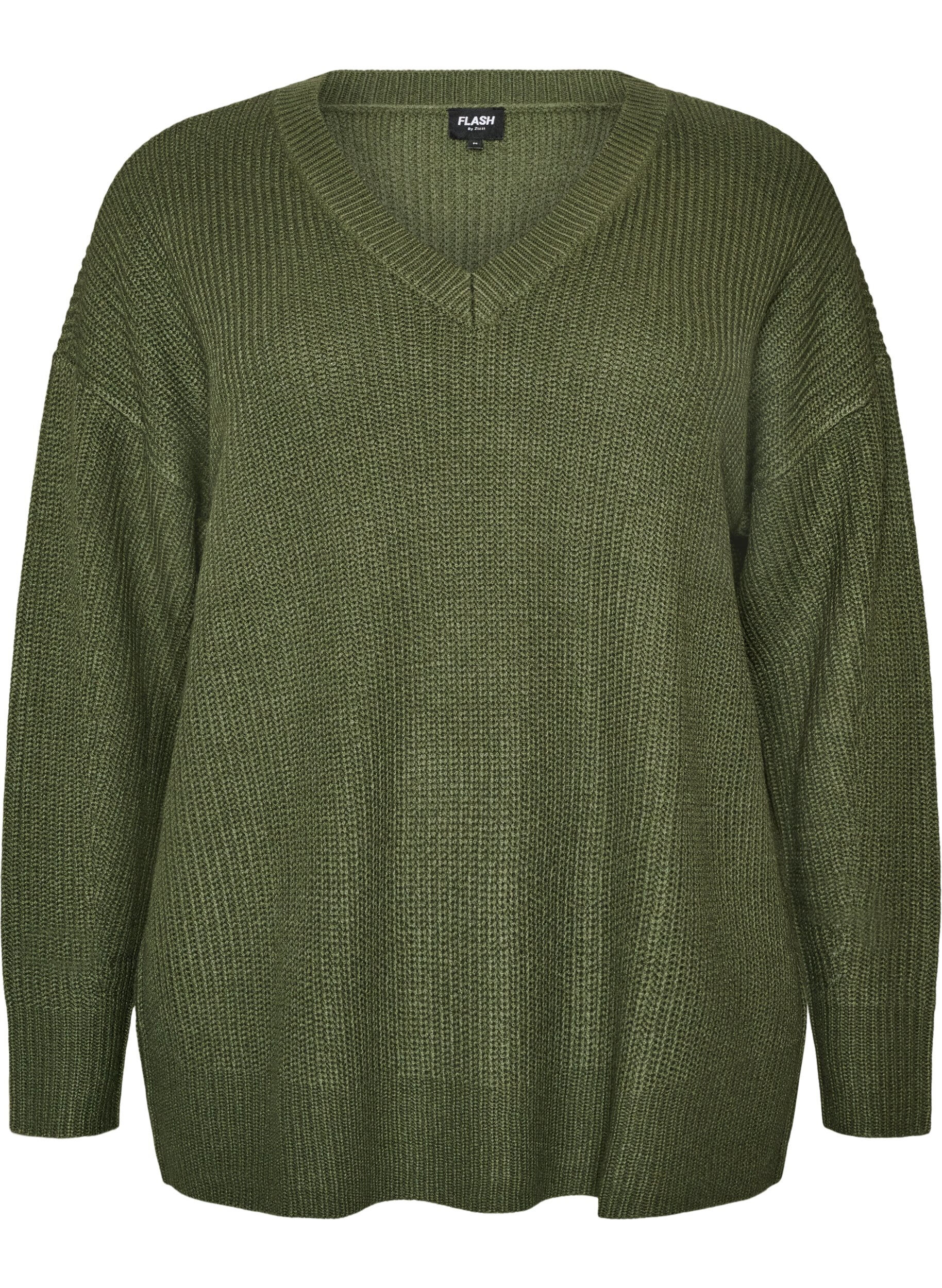 Lang ribbestrikket bluse med V-hals